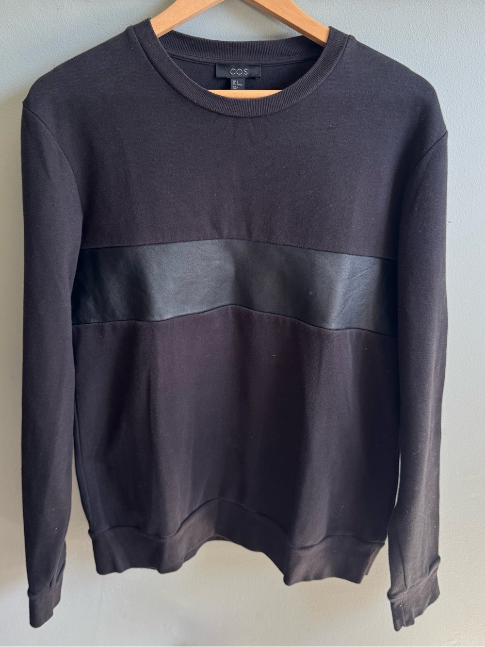 COS Leather Contrast Panel Crewneck Sweatshirt Black Size S